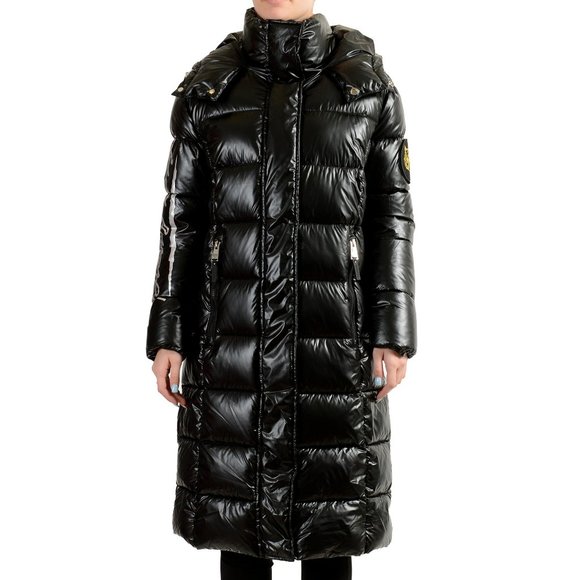 Plein Sport Women's Black Hooded Logo Print Zip Up Long Parka Jacket